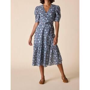 St Roche Wrap Around Puff Sleeve Pearl Midi Dress Blue Floral Cotton Women's 6
